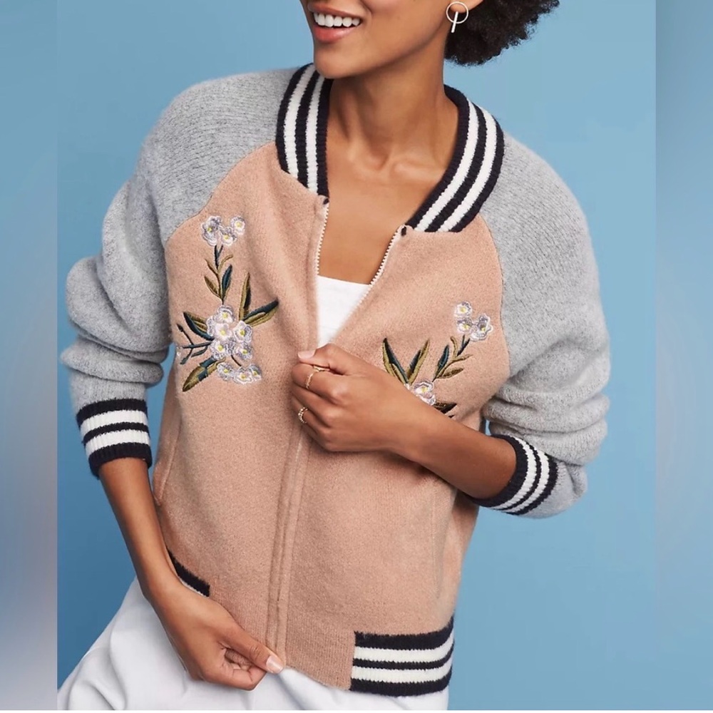 Mauve Pink & Gray Embroidered Bomber Jacket